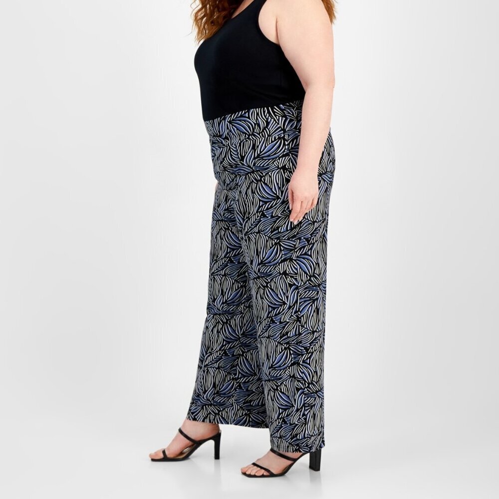 Anne Klein Plus Size High‑Rise Pull‑On Wide‑Leg Pants – Blue Jay/Black 0X NWT